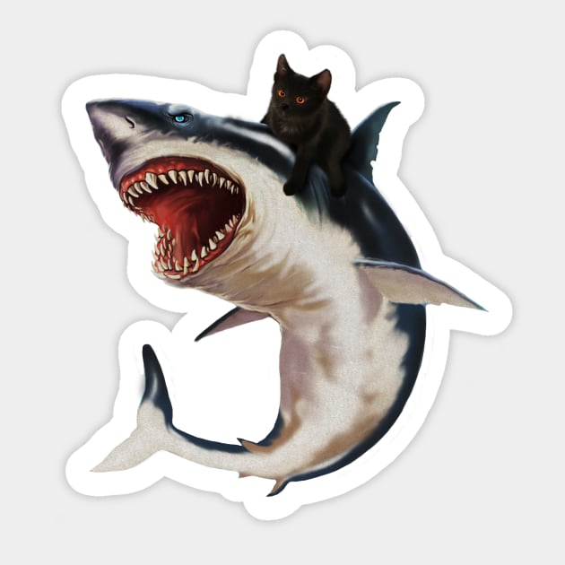 Funny Black Cat Riding a Shark, Cat Lover Sticker by logiamerch
